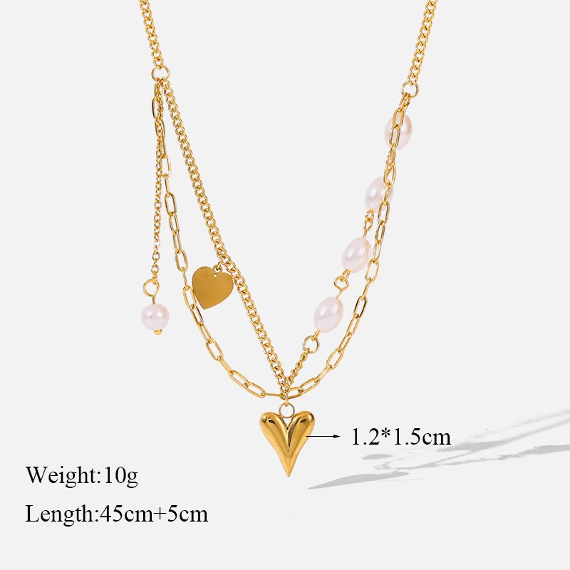 GANEMLY 316L Stainless Steel Heart Love Pendant Necklace For Women Fashion Pearl Neck Chain Waterproof Jewelry Gift Collar