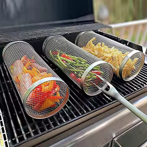Barbecue Grill Grate Barbecue Cages Camping Picnic Cookware Outdoor Round BBQ Campfire Grill Grid Rolling Grill Basket