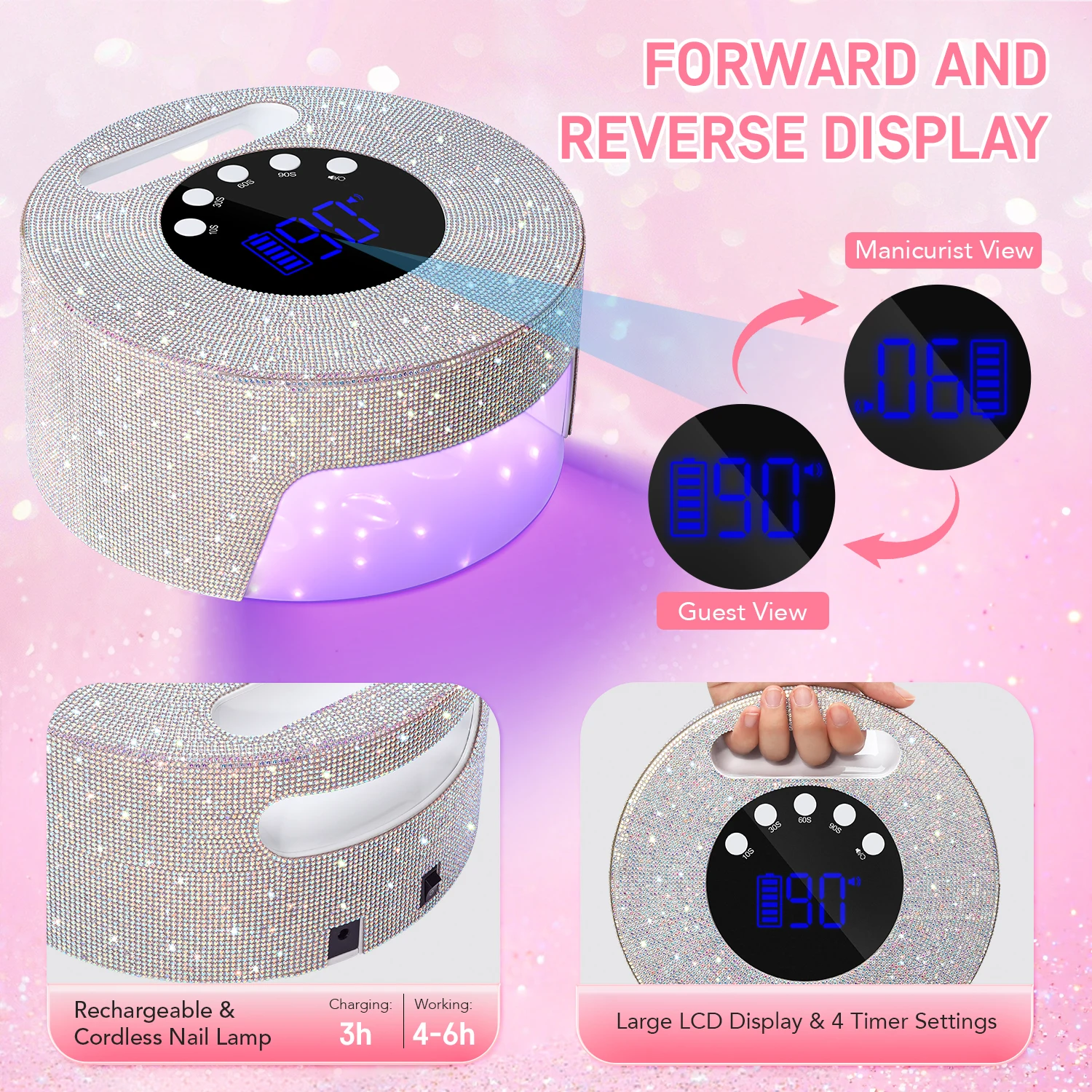DianaBeauty UV LED-nagellamp Oplaadbare draadloze nageldroger met 4 timingsmodi HD-display UV-lamp voor nagels manicure gereedschap