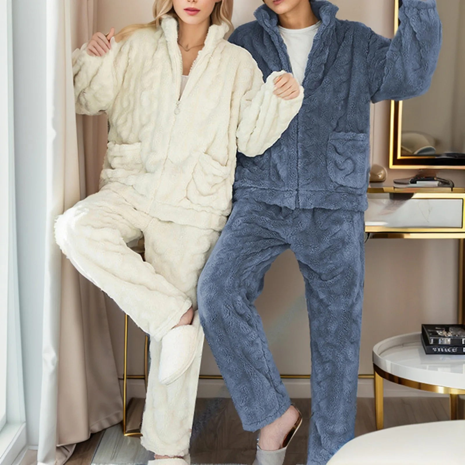 Winter Women\'s Solid Color Soft Warm Coral Fleece Pajamas Suits Autumn Thicken Velvet Men&Women Pajama Sets Women Nightwear