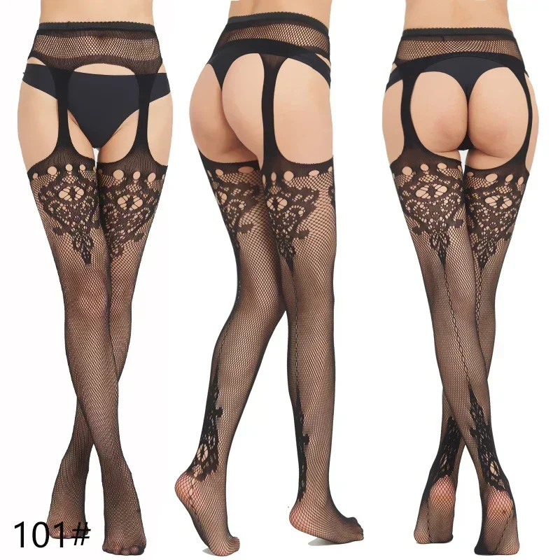 مثير النساء جوارب شبكة صيد السمك الجوارب شفافة Crotchless جوارب طويلة الفخذ العليا مطاطا التطريز تخزين مع حزام الرباط #3