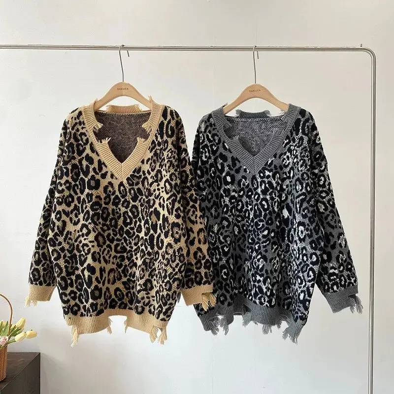 Vintage Leopard Print Hole Sweaters Autumn Winter New Irregular V Neck Loose High Street Pullovers Top Y2K Fashion Women Clothes