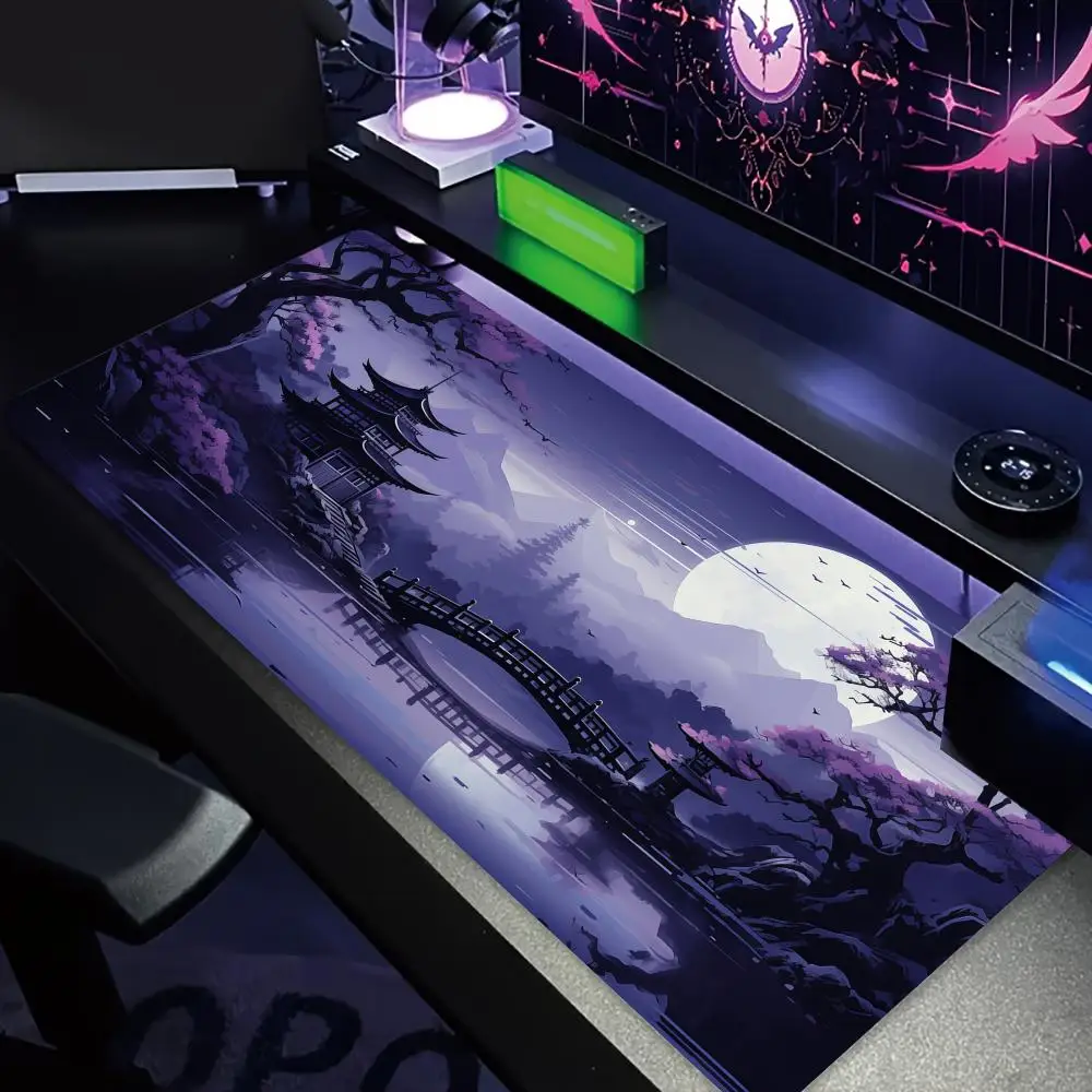 Purple Landscapes and Pagoda Design Mouse Pad Desk Mat Gaming Mats Non-Slip Stitched Edge Pc Accessories Mousemat Office Rug