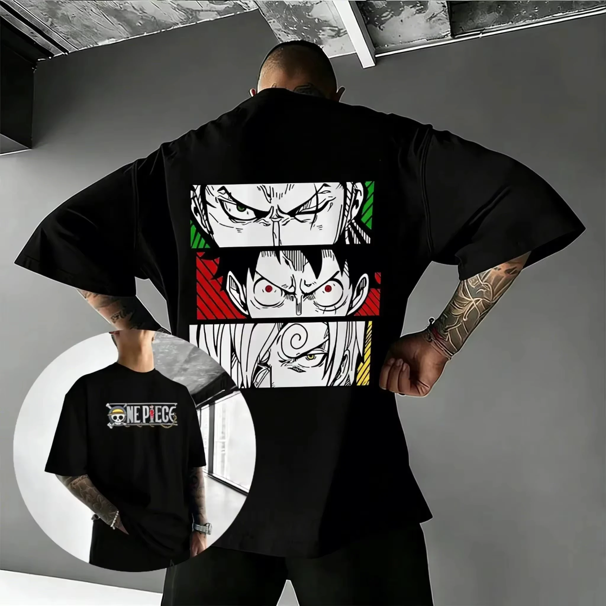 Hot Premium One Piece 3 Eyes Panels Zoro Luffy Sanji Double Side Print Soft Cotton Crewneck Unisex Oversized Harajuku Anime Tee