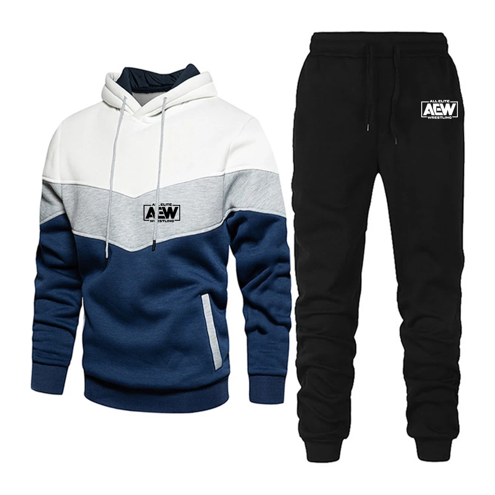 2024 Spring Autumn Men's All Elite AEW Wrestling AEW Logo Printed Personality Patchwork Hooded Tracksuit+Fashion Sweatpants Sets