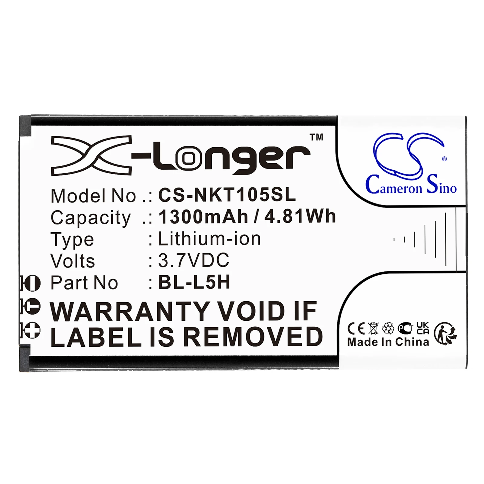CS Replacement Battery for Nokia 105 2023,105 4G,TA1385-DS,TA-1551 PN:BL-L5H 1300mAh / 4.81Wh