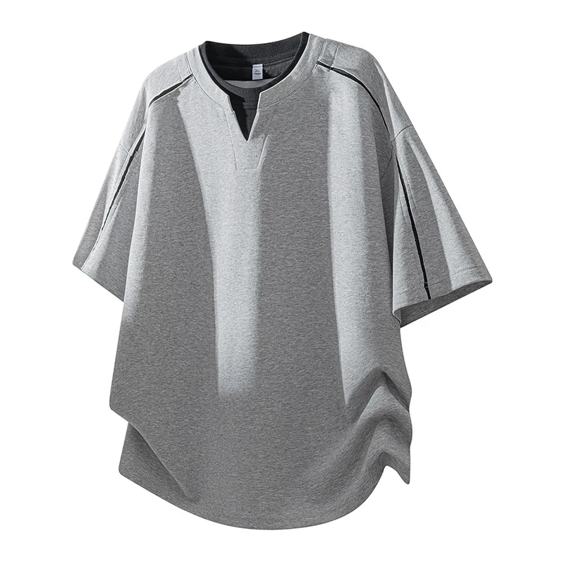 Fake Two V-neck T-shirts Men Summer Short Sleeve Tops Tees Male Fashion Casual Solid Color T Shirt Summer