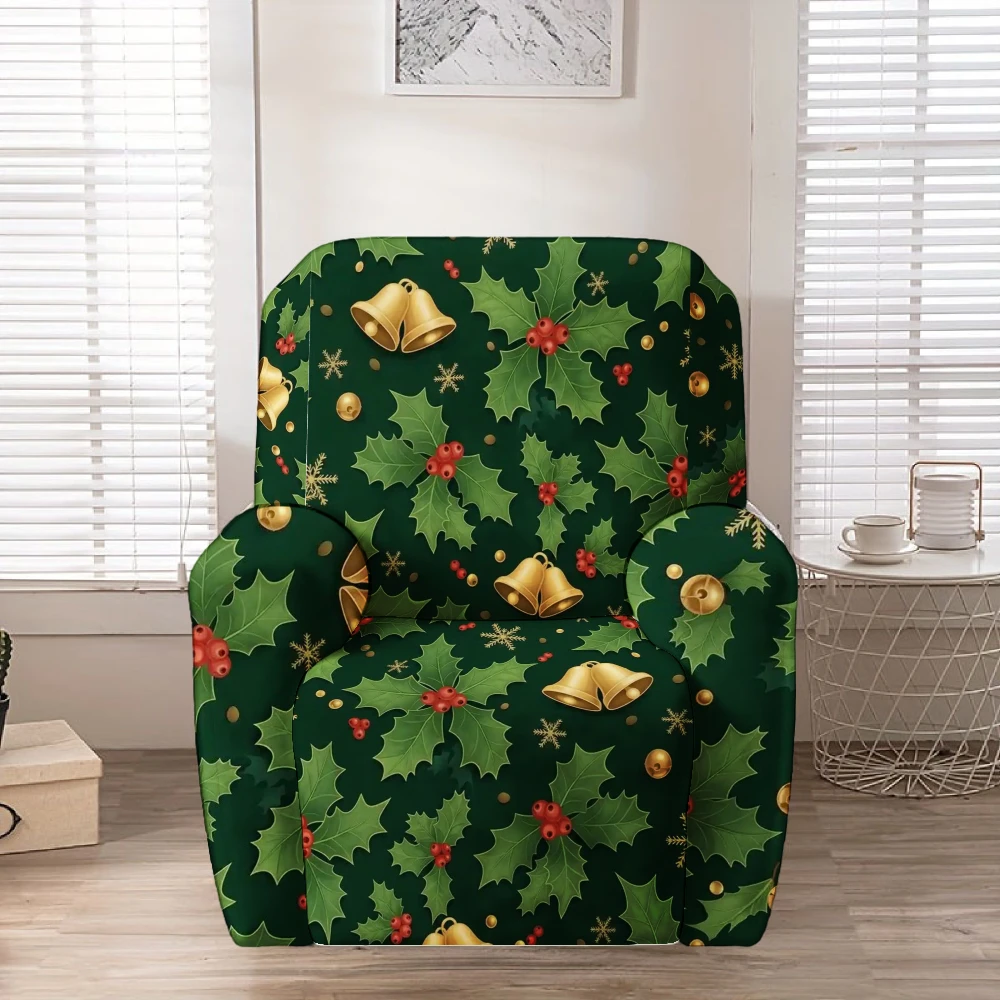 Dark Green Holly Bell Snowflake Christmas Recliner Chair Cover Stretch Slipcover Holiday Furniture Protector