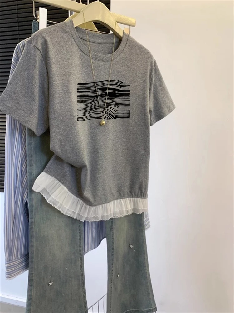 

Ele ey Hem Splice ort Sve T-irt ex Summer Faionable Versatile Casual Loose Fit Moisture ng round Ne