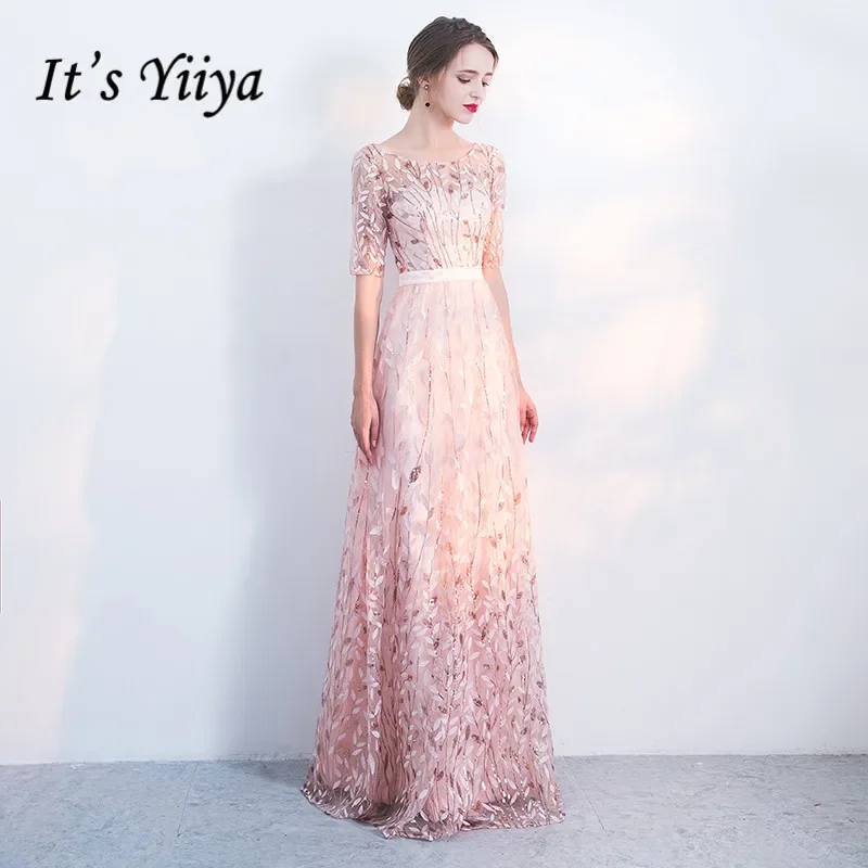 It\'s Yiiya Evening Dress Pink Tulle Bling Embroidery O-neck Plus Size Formal Gowns Floor-length Half Sleeve robe de soiree LF176