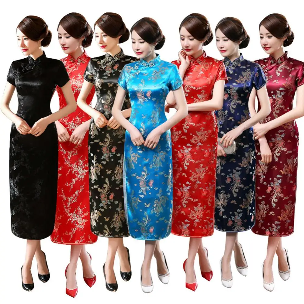 hinese Qipao Cheongsam Dragon Phoenix Print Chinese Traditional Dress Cheongsam Side Slitting Hem Midi Dress Women Cheongsam