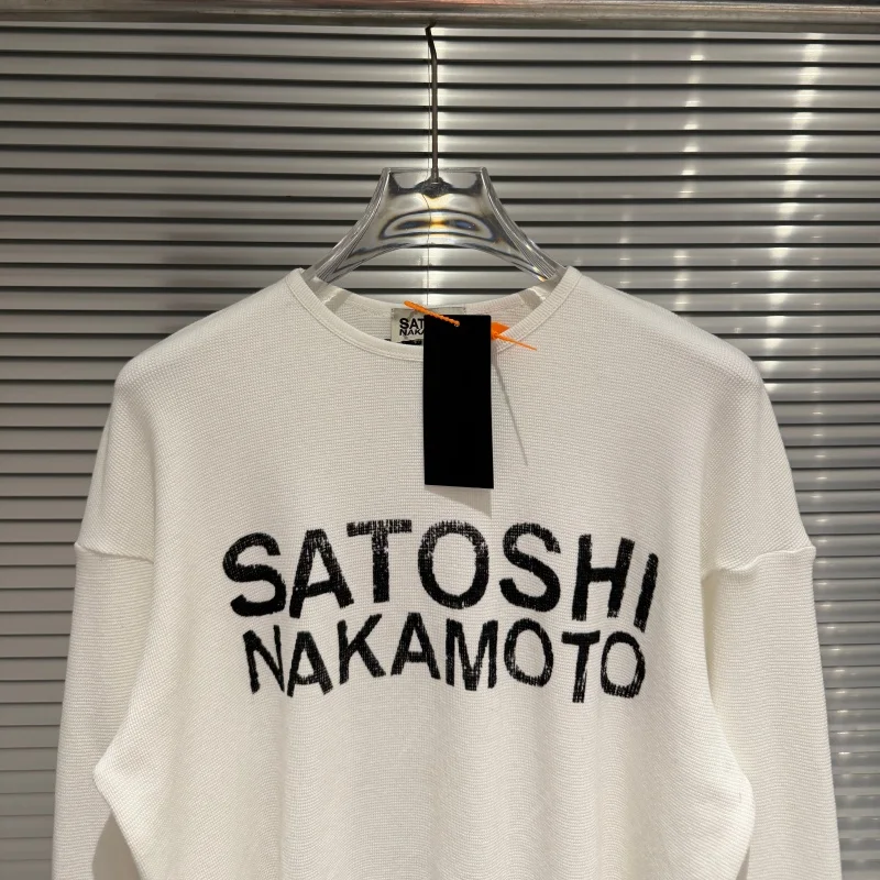 Top-Quality SATOSHI NAKAMOTO Casual Distressed Font Print Loose-Fit Minimalist Waffle-Knit Long-Sleeve T-Shirt