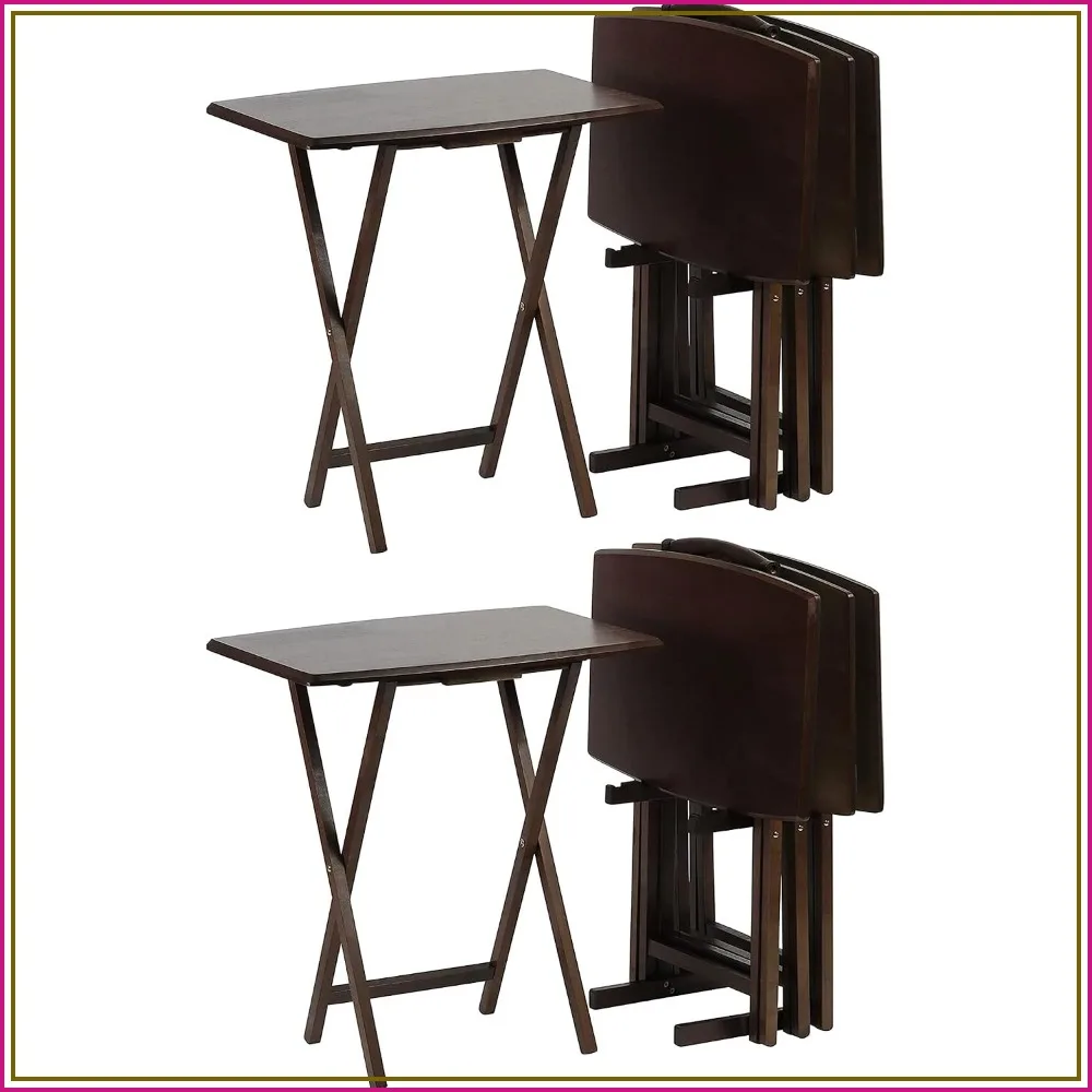 5-Piece Folding Tray Table Set with Rack, Walnut Finish, Portable Serving Tables for Small Spaces