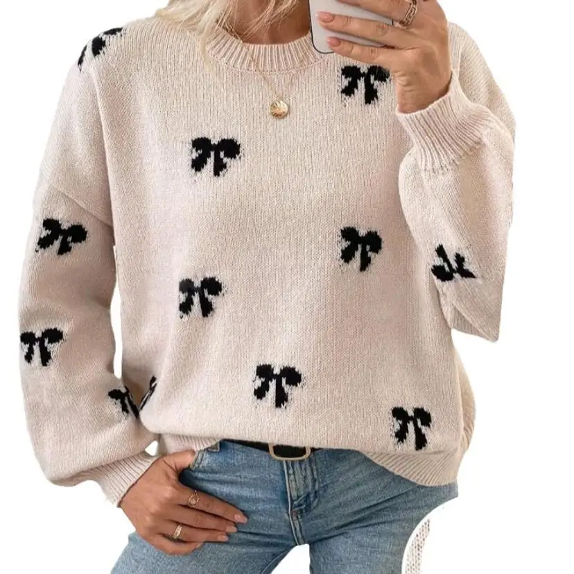 Suéter de malha feminino de design simples com nó outono Faion Fce Long Sve Crew Ne pulôver padrão de flor