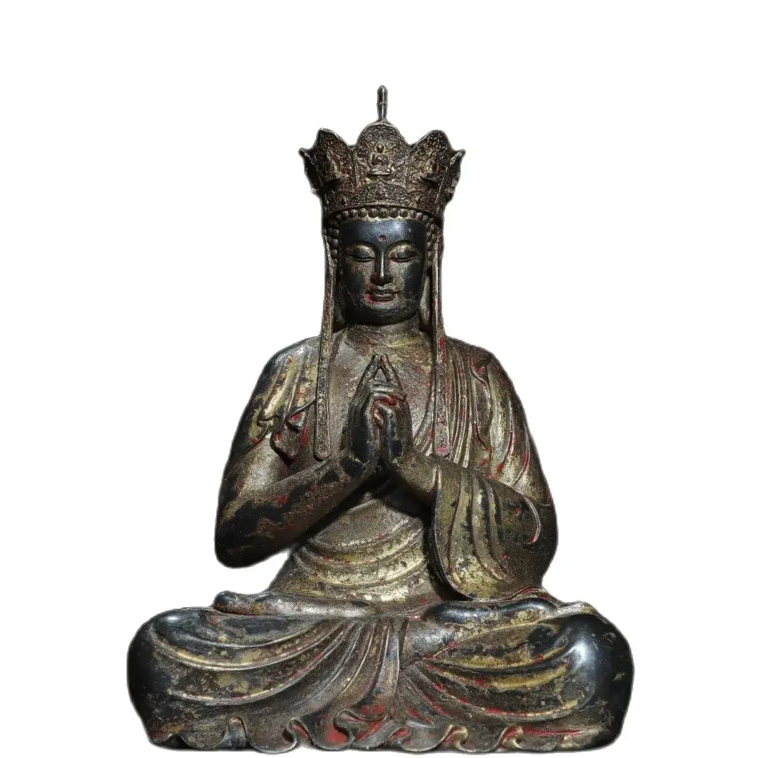 Home worship of religious Buddha statue, bronze and gold, statue of Ksitigarbha king Height 21cm, width 15cm, thickness 12cm,