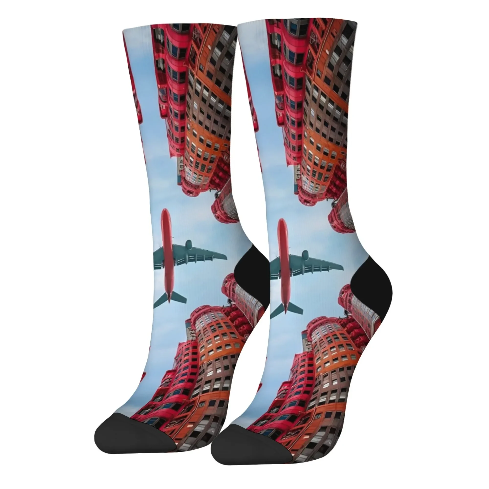 3D Visual Urban Building & Airplane Print Socks Men Women Fashion Streetwear Cool Socks Harajuku Style Artistic Socks Novelty
