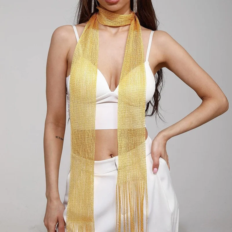 Fashion Nightclub Sunscreen Shawl Bright Silk For Women Lace Tassel Shiny Necklace Party Gold Silver Evening Dress Scarf view 4