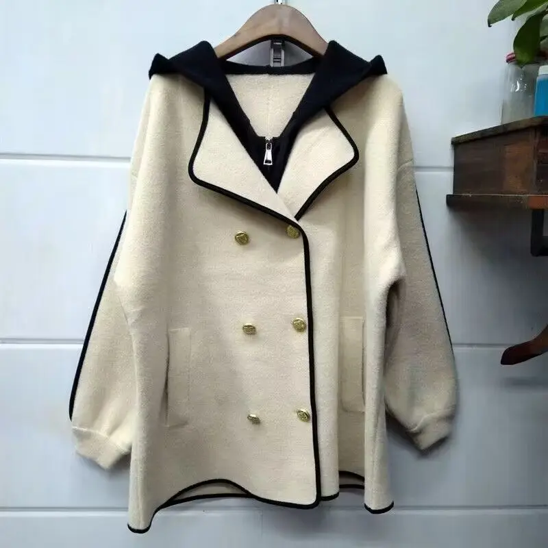 2025 Double-sided New Two Piece Hooded Woolen Coat Large Size Autumn and Winter Temperament Slimming Cardigan Woolen Coat