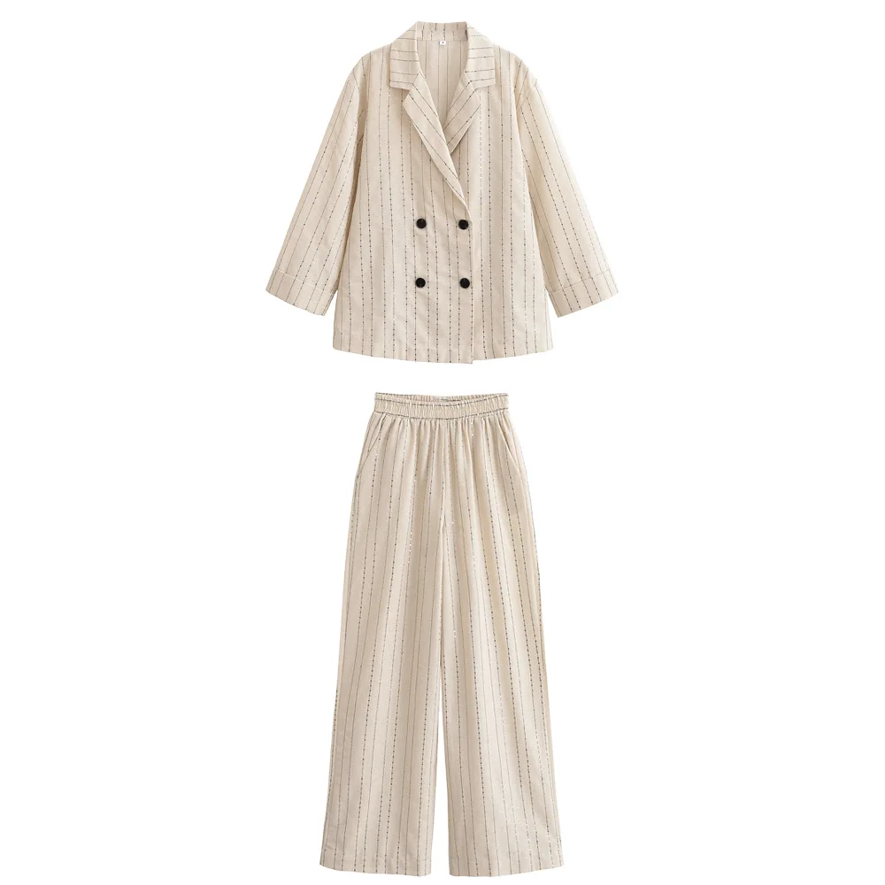 

Woman's Simple Suit Lapel Double-breasted Long-sleeved Loose Shirt High Waist Pocket Straight Pants Casual Commuter New Set