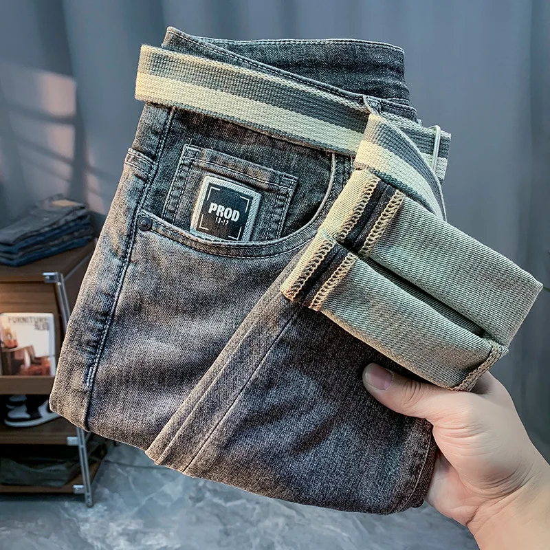 2024 Spring and Summer Thin Jeans Men's Micro Loose Elastic Slim Fit Skinny Pants Trendy Cropped Embroidered Pants