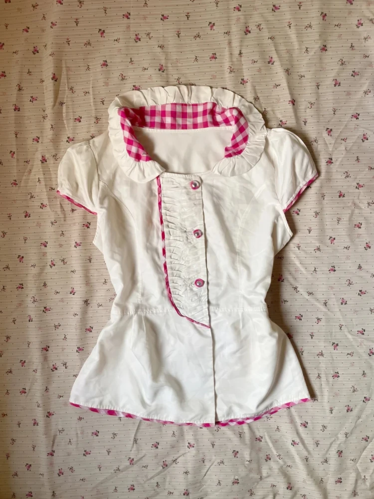 Kawaii Preppy Gingham Short Puff Sleeve Blouse Women Slim Fit Ruched Ruffle Peter Pan Collar Button Down Casual Daily Wear 2026
