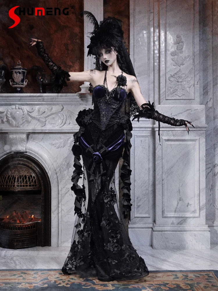 

Halloween Cos Women's Outfits Autumn Original Black Gothic Dark Lace Ribbon Slim FIt Tube Top Long Mermaid Skirt Two-Piece Set
