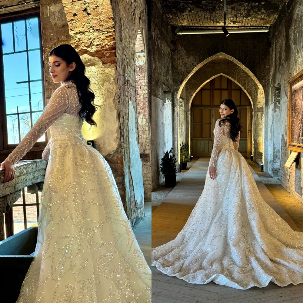 

Customized Elegant White Organza Sequined Wedding Dress Exquisite O-Neck Long Sleeves Chapel Train Lace Up BackBridal Gowns
