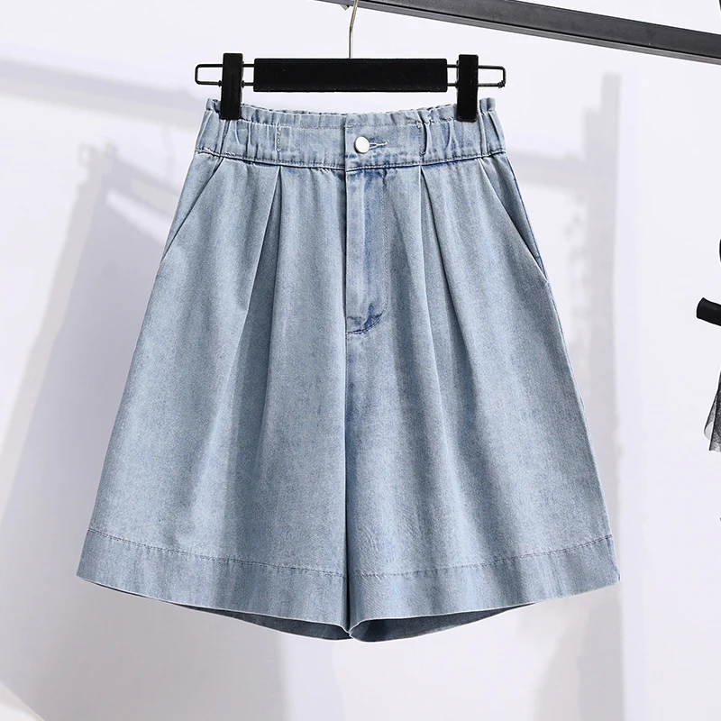 Taille haute Denim orts femmes été grande taille jambe droite coupe ample cinq-quarts a-ligne pantalon à jambes larges polyvalent minceur