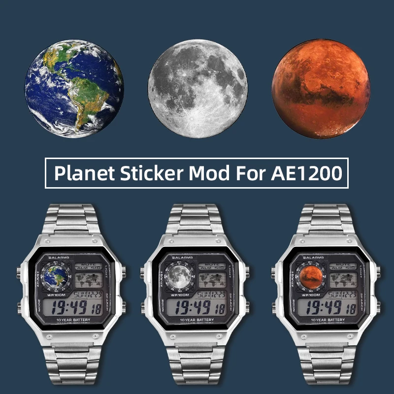AE1200 screen planet pattern Sticker Mod for Casio 3229 AE1200 DIY screen film sticker modification accessories: Earth Moon Mars