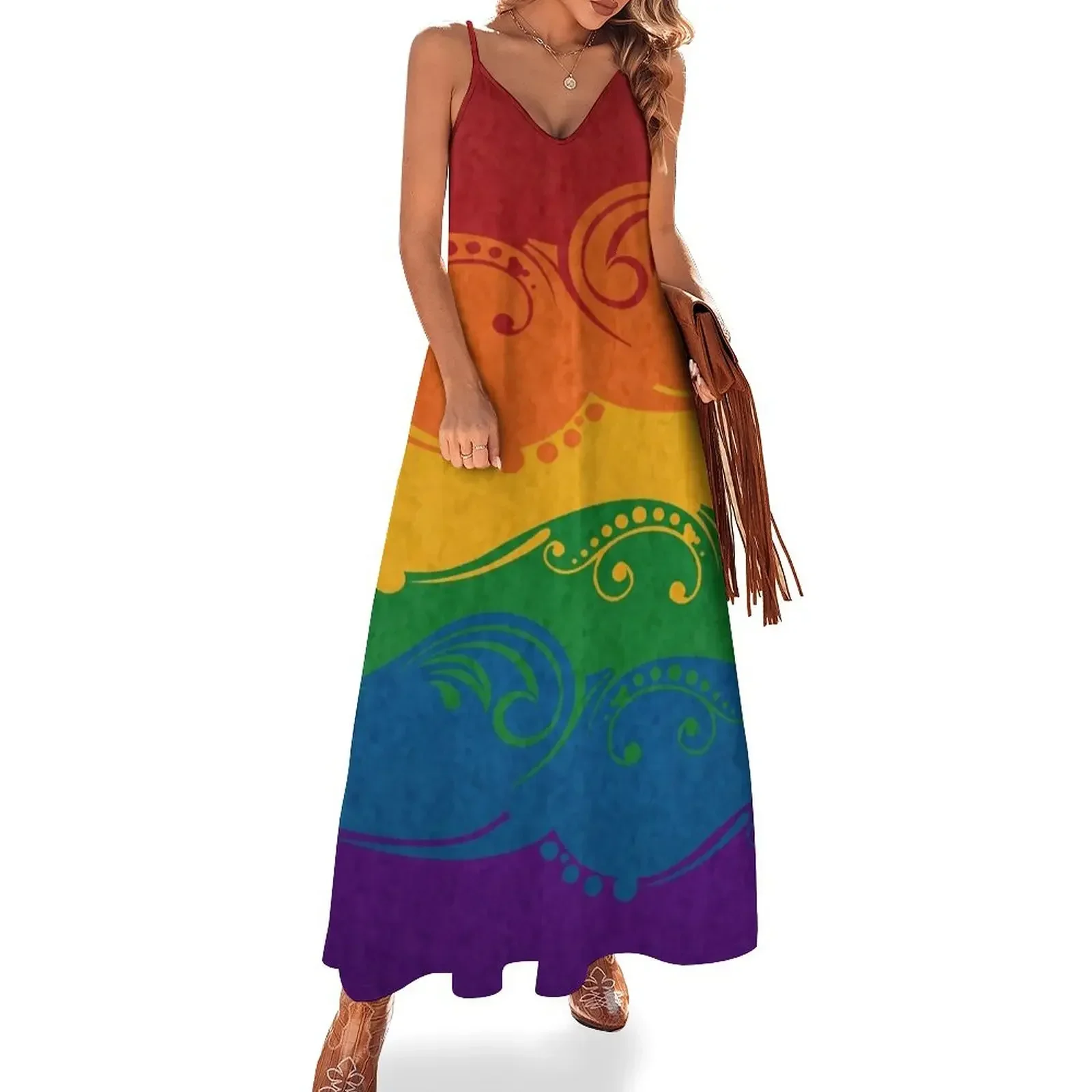 Fancy Swooped and Swirled LGBTQ Pride Rainbow Flag Background Sleeveless Dress womens dress party dresses women Dress