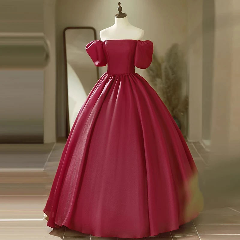 AnXin SH vintage princess wine red satin sweetheart short puff sleeves stage ball gown lace up party customized evening dress image 4