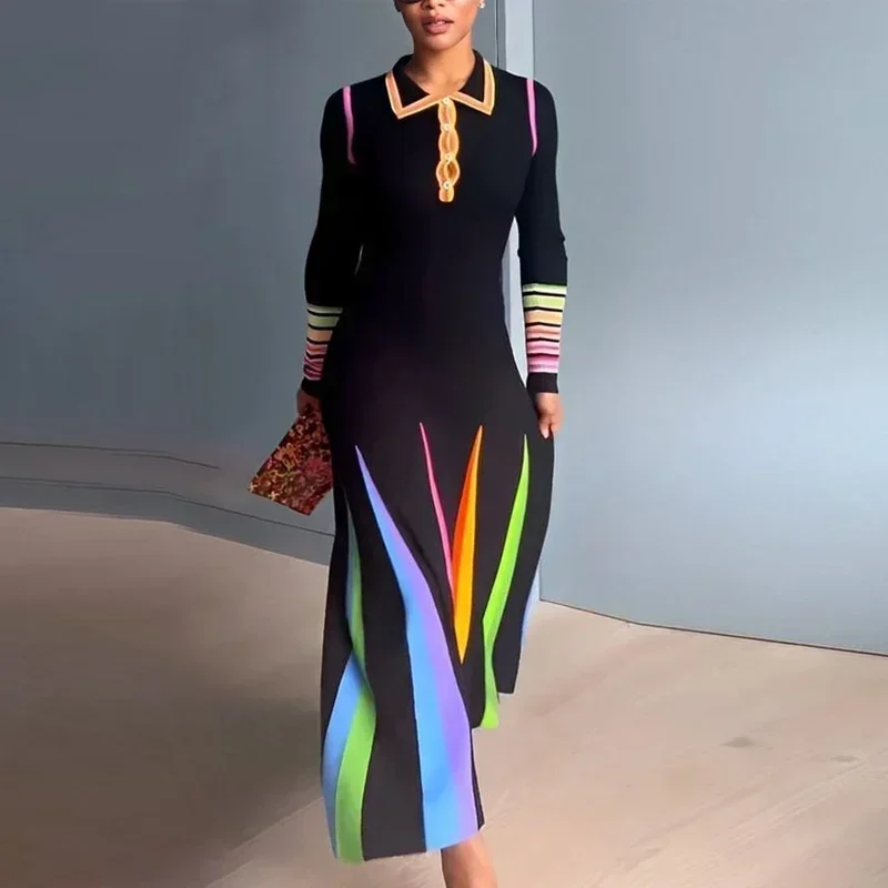 Long-sleeve Casual Rainbow Striped Patchwork A-Line Dresses Women Long Robe Fashion Little Lapel Slim Fit Loose Swing Maxi Dress