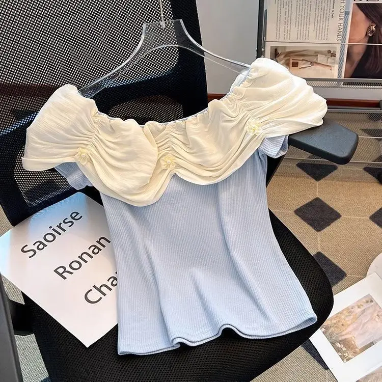 Summer women's new solid-color girl's style slim-fit French one-word shoulder ruffle short-sleeved t-shirt