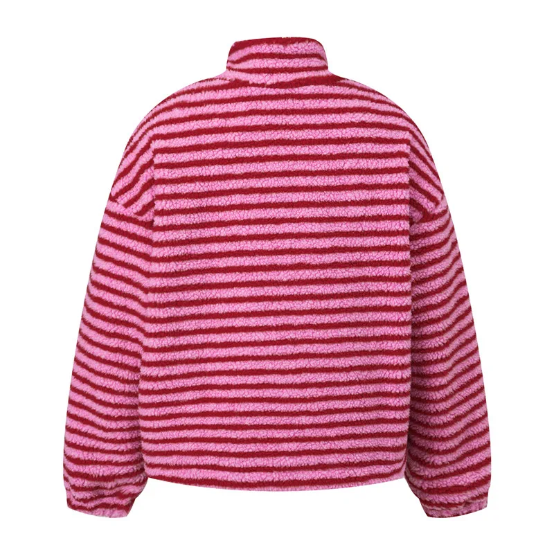 Women's Striped Fleece Jacket Color Block Half Zip Sherpa High Neck Pullover Trendy Oversized Warm Fuzzy Sweatshirt