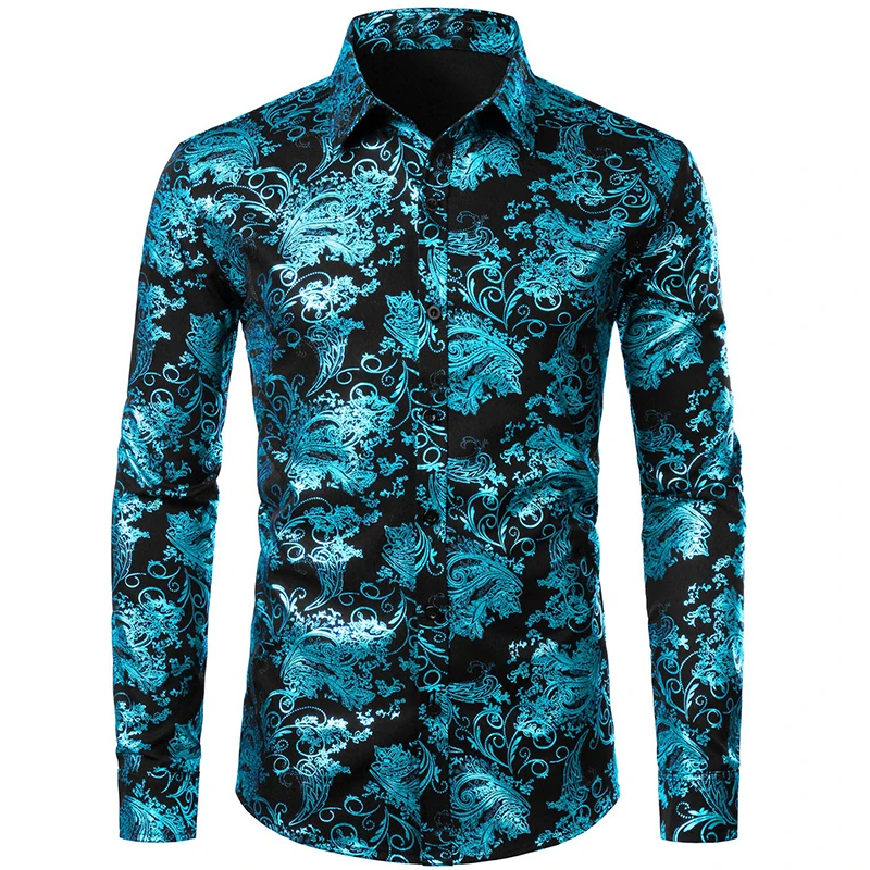 Men\'s Luxury Gold Floral Dress Shirt 3D Full Print Long Sleeve Button Down Shirts For Party Mens Casual Dress Blouse Tops