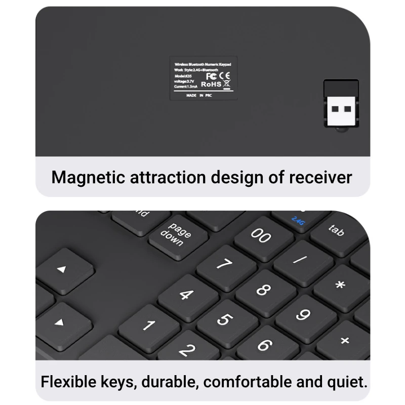 Clavier numérique Bluetooth sans fil, pavé numérique K35, USB C, aste pour IOS, Android, Windows, 2.4 mesurz