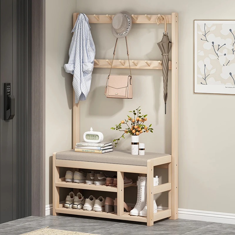 

‌ Комбинированная полка для обуви и вешалка для пальто — скамейка для прихожей из цельного дерева с мягкой подушкой, многофункциональное дерево для прихожей для дома