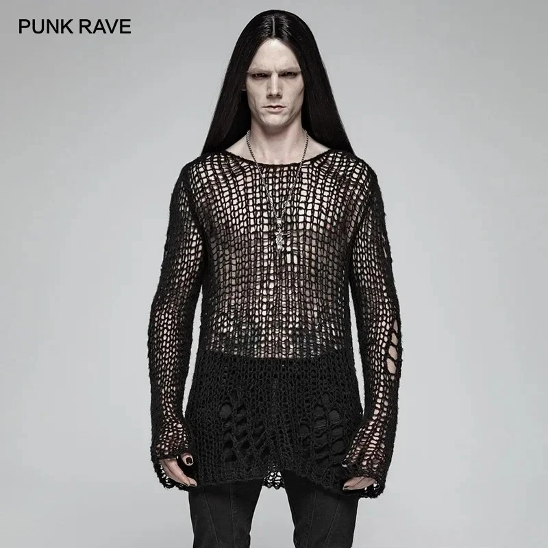 PUNK RAVE Men's Gothic Casual Broken Hole Pullovers Personality Black Loose Sweater Punk Cosplay Dark Visual Kei