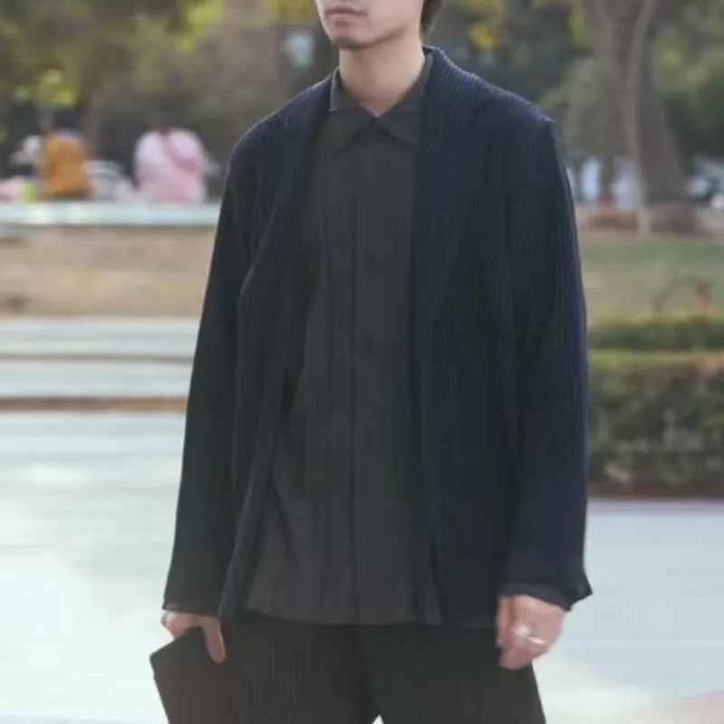 

Miyake Pleated Long Sleeve Jacket Men's Lapel Loose Casual Suit Simple Commuter Formal Occasion Office Top Wrinkle-Free Clothing