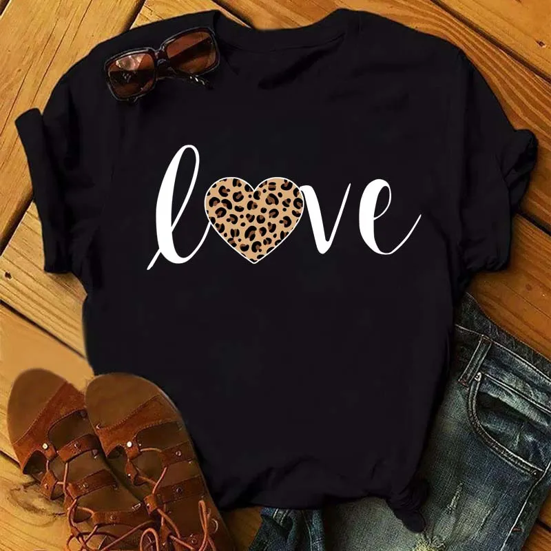 Maycaur Women Graphic Leopard Love Fashion Short Sleeve T Shirt 90s Ladies Print Clothes Casual Female T Shirt Womens T-Shirt