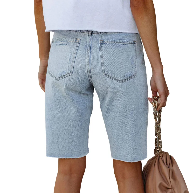 Nuovi pantaloni skinny estivi ad alta elasticità Pantaloni a cinque punti a vita media Jeans strappati Donna Hot