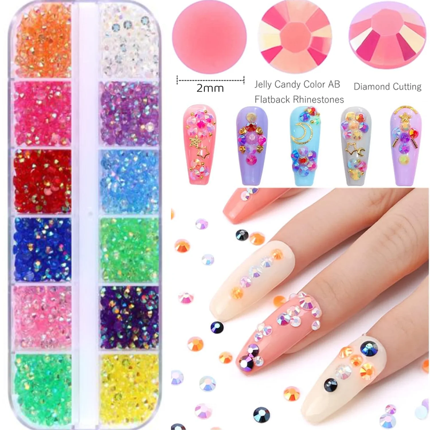 1200 Stück 4mm AB Transparente Harz-Strass-Steine 12 Farben Flache Nagelkunst-Edelsteine DIY Basteldekorationen 12-Fächer-Box