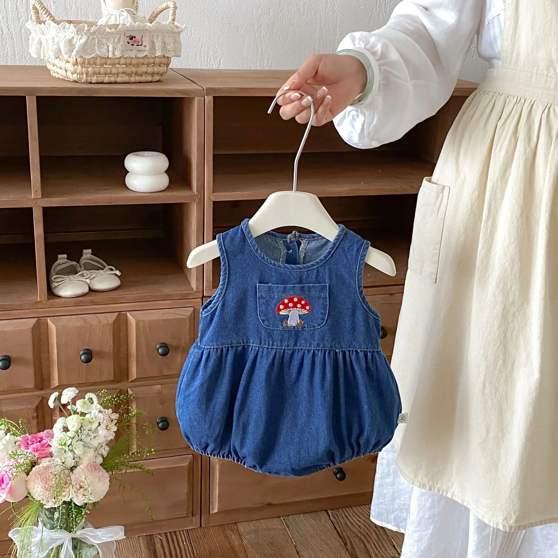 2026 Baby Girl Soft Denim Vest Romper – Mushroom Embroidery Summer Onesie for Newborn Full Moon Outfit