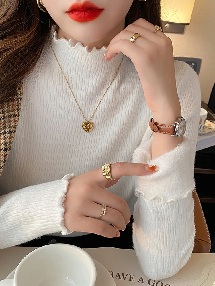 เสื้อสเวตเตอร์ไหมพรมแฟชั่นใหม่ ผ้าฟลีซหนานุ่ม แขนยาว ทรงเข้ารูป สำหรับผู้หญิง ใส่ได้ทั้งฤดูใบไม้ร่วงและฤดูหนาว เหมาะสำหรับใส่ทำงานในออฟฟิศ