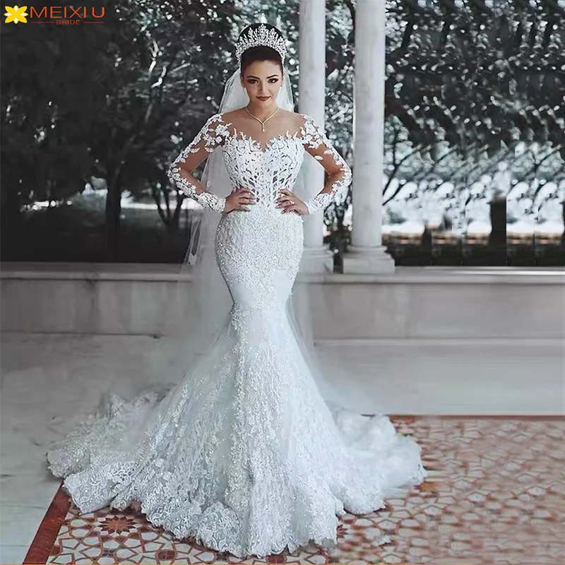 Couture Weddings Long-sleeved V-neck Custom Wedding Dress Elegant Mermaid Princess  Exquisite Decal Beaded Train Bridal Gowns