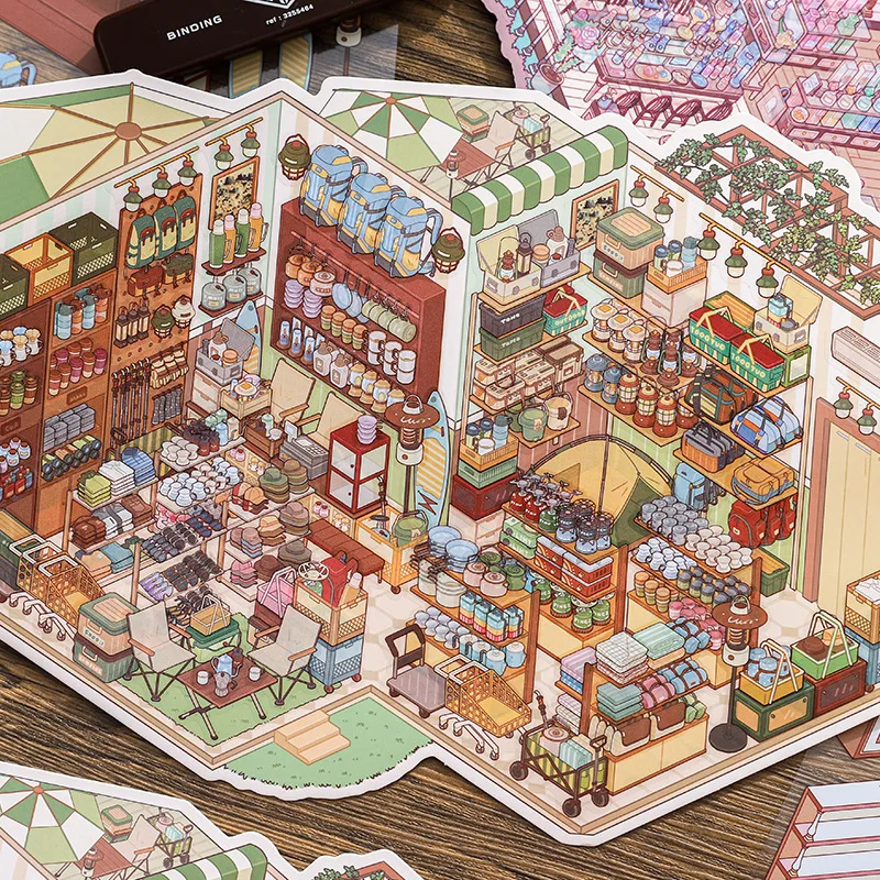 3D Miniature Diorama Stickers with Positioning Cartoon Outdoor Perfume Shop 3D Scene Decals for Kids Journal Stress Relief Toy