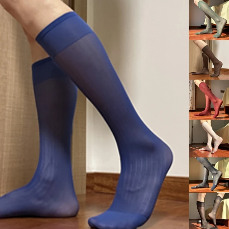 Mens Thin Silk Formal Dress Suit Socks Clear Sheer Over the Calf Tube Socks Male Business Dress Wide Striped Long Socks