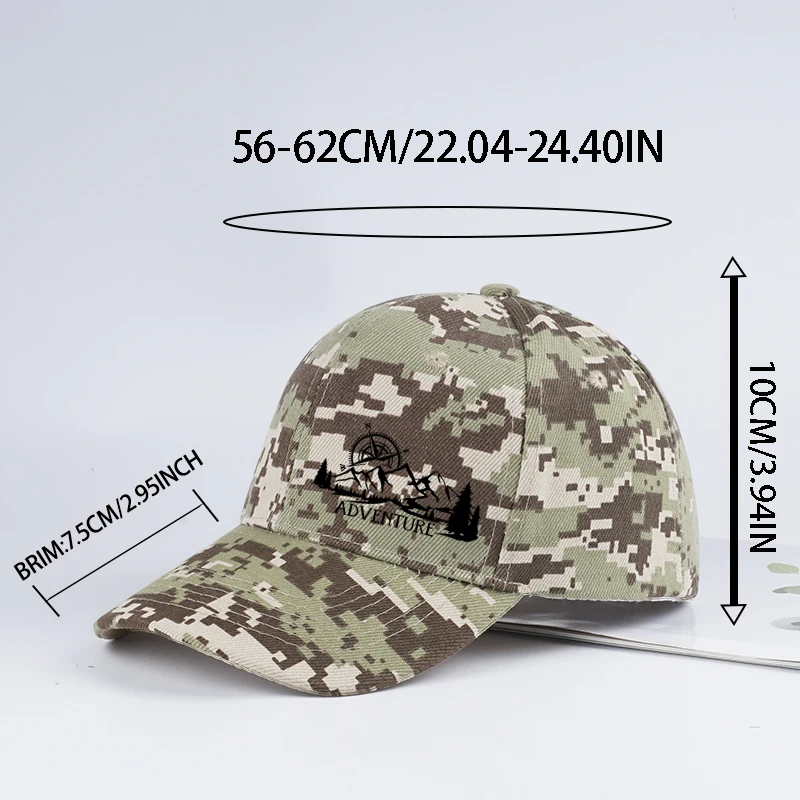 Adventure Compass Mountain Print Camouflage Baseball Cap - Adjustable Hiking Cap for Outdoor Hiking, Camping, and Mountaineering