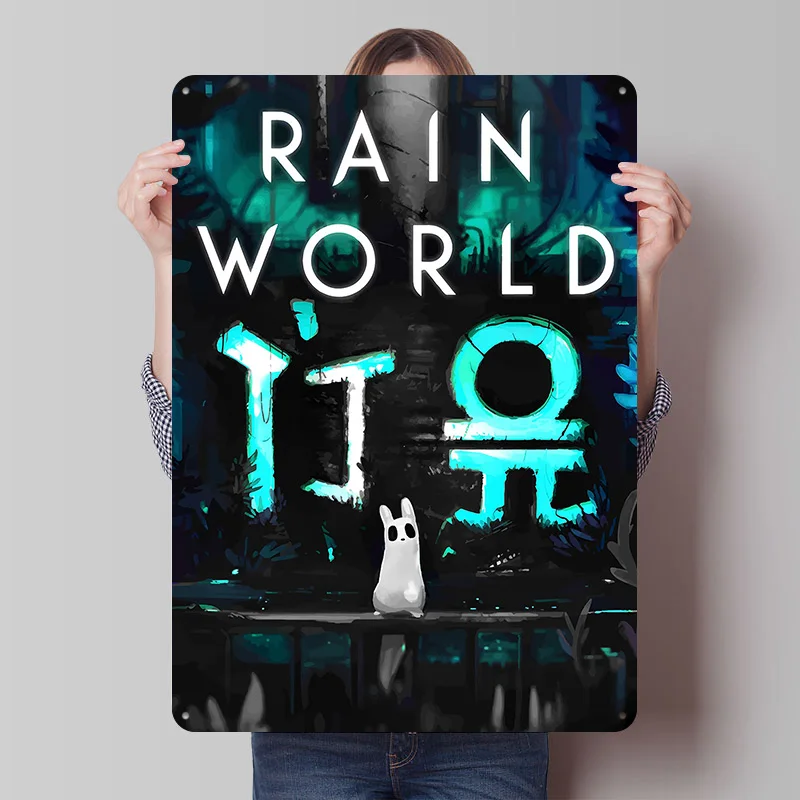 Rain World Spiel-Cover-Art Poster Individualisierte Vintage Metallschilder Wandkunst Retro Blechschild für Männerhöhle Wanddekoration Schreibtischdeko Zuhause