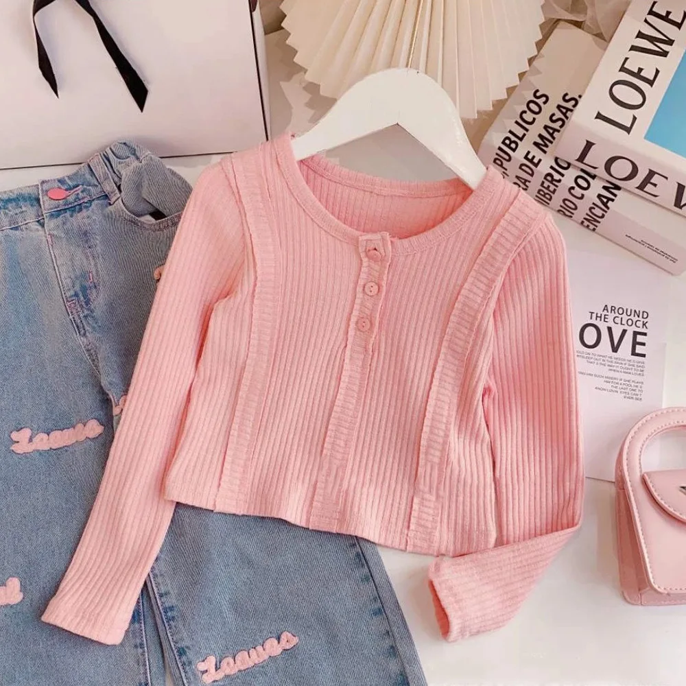 4 5 6 8 10 12 Years Girls Clothing Set Spring Autumn Solid Color Long Sleeve Top+Letter Print Wide Leg Jeans 2Pcs Fashion Suit